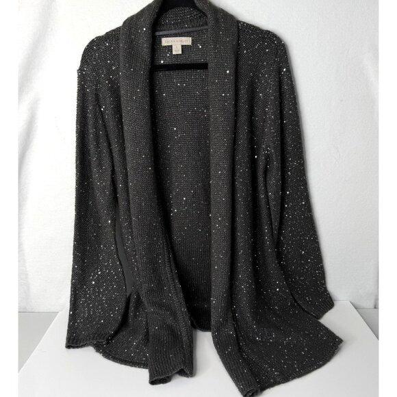 Laura Ashley Sequined Open-Front Knit Cardigan Sweater L Grey - Picture 1 of 12